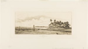 オセアニア：釣り、ウエアまたはウォリスグループのヤシの木のある島の近く、1845 作： Charles Meryon