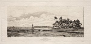 オセアニア: Uea または Wallis グループのヤシのある島の近くでの釣り、1845 年 作： Charles Meryon