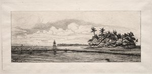 オセアニア：UeaまたはWallisグループのヤシの木のある島の近くでの釣り、1863。 作： Charles Meryon