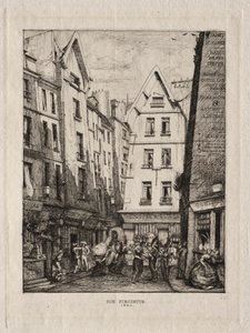 パリ、市場近くのピルエット通り、1860年。 作： Charles Meryon