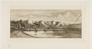 バンクス半島アカロア、コリアーズ・ポイント沖での地引網漁（1845年 作： チャールズ・メリヨン