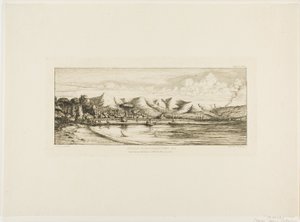 バンクス半島アカロア、コリアーズ・ポイント沖での地引網漁（1845年 作： チャールズ・メリヨン