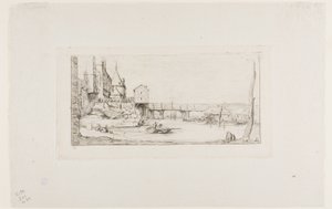 1621 年の火事の後、パリのポントウ チェンジを一時的に置き換える歩道橋 作： Charles Meryon