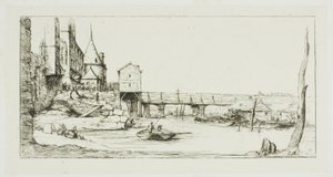 1621 年の火事の後、パリのポントウ チェンジを一時的に置き換える歩道橋 作： Charles Meryon