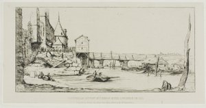 1621 年の火事の後、パリのポントウ チェンジを一時的に置き換える歩道橋 作： Charles Meryon