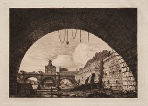 パリ、交換橋の最初のアーチの下から見た新しい橋とサマリア人 作： Charles Meryon