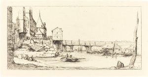1621 年の火事の後、パリのポントウ チェンジを一時的に置き換える歩道橋 作： Charles Meryon after Stefano Della Bella