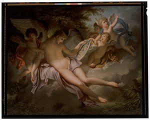 プシュケの肖像画を手に止めたキューピッドは、プシュケを失って泣いている。 作： Charles Meynier