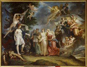 Siecle des Lumieres：「凱旋したフランスが戦争の中で科学と芸術を奨励する」シャルル・メニエ（1768-1832）の絵画 1795年 パリ、マルモッタン美術館 作： Charles Meynier
