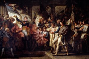 ミシェル・ネイ侯爵（1769-1815）は、1805年7月11日にナポレオン軍とオーストリアとの間で行われたエルチンゲンの戦いの後、第76連隊の兵士たちに旗を手渡しました。シャルル・メイニエ（1768-1832）による絵画 1808年 日3 作： Charles Meynier