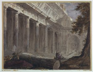 思索する人物がいる古代遺跡
