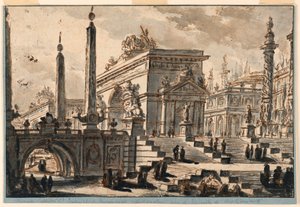 建築ファンタジー: 建物、モニュメント、階段 作： Charles Michel Ange Challe