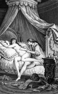 ショデルロス・ド・ラクロの「危険な関係」の挿絵。シャルル・モネ（1732-1808）による版画。ヴァルモンがエミリー（宮廷女官）の背中に手紙を書いている様子。