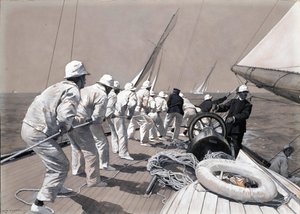 キングス・カップで優勝したレース艇ブリンヒルド号のメイン・セールを掲げる。素描と水彩（37.4x46.1cm） チャールズ・M・パッドデイ（？