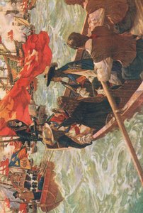 1940年頃、ウェーヴァリー社発行の『英国人の歴史』より、チャールズ2世の来日時の挿絵（カラーリトグラフ）。
