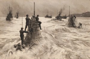 ミルフォード・ヘイヴン（イギリス）を出港するイギリスの新型潜水艦。素描と水彩（30.4x45.5cm） チャールズ・M・パッドデイ（？