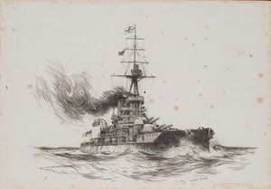 英国船アイアン・デューク号。チャールズ・M・パッドデイ()による素描(25.5x36.8cm)、20世紀初頭。