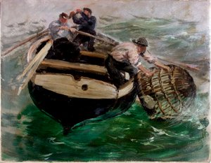 ロブスターポットでの運搬（紙に油を塗る） 作： Charles Napier Hemy