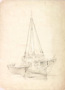 古い漁船とディンギー（ボディカラーと鉛筆・紙） 作： Charles Napier Hemy