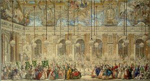 1745年2月にヴェルサイユ宮殿のガラスの回廊で行われたフランスのルイ王太子（1729-1765）とスペインのマリー・テレーズ（マリー・テレーズ）の結婚式で、イフのボール・マスクまたはボールが贈られた シャルル・ニコラ・コーチン・ル・ジューン（1715-1790）によるペンとインクのドローイング