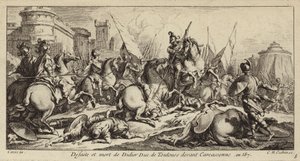587年、カルカッソンヌ前のトゥールーズのディディエの敗北と死（エングレーヴィング） 作： Charles Nicolas II Cochin