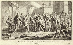 皇帝シャルル5世を迎えたフランス国王フランシス1世、エギュス・モルテスにて 作： Charles Nicolas II Cochin