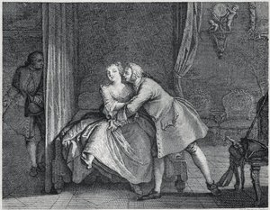 Les contes de La Fontaine, circa 1743」の耳かきと型抜きのイラスト。 作： Charles Nicolas II Cochin