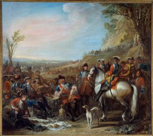 王の家から馬に乗った擲弾兵を止める（1734年）。中央は司令官のムッシュー・ド・クレイユ。シャルル・パロセル（1688 - 1752）による絵画