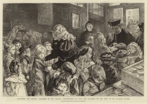 教区の冬の慈善団体への分配、セントクレメントデーンの貧しい人々への食料と衣服の配布