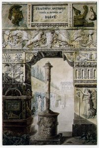 シャルル・ペルシエとフランソワ・レオナルド・フォンテーヌ（1762-1853）による「Palais, Maisons et Autres Edifices, Dessines a Rome」のタイトルページのデザインである「Antique Fragments from Ancient Rome」。パリ