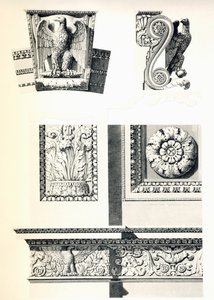 シャルル・ペルシエ（1764-1838）とピエール・フランソワ・レオナルド・フォンテーヌ（1762-1853）によるカルーゼル凱旋門の鷲、ロゼット、アカンサスの葉の装飾、ルイ・ピエール・バルタール（1764-1846）によるエングレーヴィング、詳細、フランス 作： Charles Percier