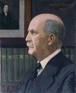 ウィリアムヘンリーブラッグ（1862-1942）、マイケルファラデー（1791-1867）の写真を背景に1939
