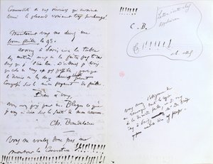 ボードレールの編集者Auguste Poulet-Malassis（1825-78）に宛てた「Les Fleurs du Mal, c.20 February 1857」の出版に関する手紙の最終ページ（紙にペンとインク 作： Charles Pierre Baudelaire