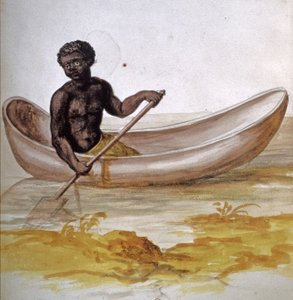 カリブ海でカヌーに乗る若い黒人、1686年頃 （水彩画） 作： Charles Plumier