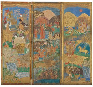 3パネルスクリーン、1916-17年頃（ジェッソの木に油と金箔）