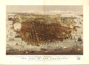 サンフランシスコの街。湾から南西を望む鳥瞰図 作： Charles R. Parsons
