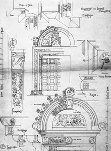 パヴィア修道院、小さな回廊の戸口、1891年（スケッチブックのページ、カートリッジ紙にインク） 作： Charles Rennie Mackintosh