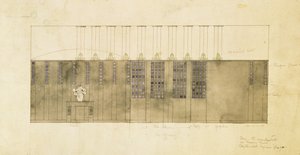 壁、テーブル、ドアのデザイン、1905年（紙にペンとインクでトイレ） 作： Charles Rennie Mackintosh