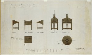 イングラムストリートティールーム、1909年の正面図と側面図に示されているライティングデスクのデザイン 作： Charles Rennie Mackintosh