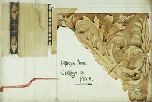 インターシアパネル、パヴィア修道院、1891年（紙に鉛筆と水彩） 作： Charles Rennie Mackintosh