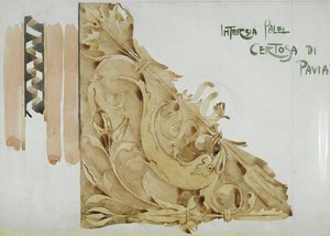 インターシアパネル、パヴィア修道院、1891年（紙に鉛筆と水彩） 作： Charles Rennie Mackintosh