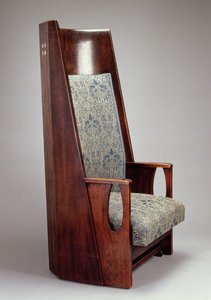 1905年グラスゴー、ブルーベッドルームのHousHill、アームチェアのペアの1つ（マザーオブパールインレイで染色されたオーク）