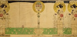 ミスクランストンのブキャナンストリートティールームの1階の部屋の壁画装飾の予備設計、18967年（トレーシングペーパーに鉛筆とトイレ） 作： Charles Rennie Mackintosh