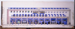 これまでに記録されていない、店舗とアーケード付き道路の建築図面（1915年頃 作： チャールズレニーマッキントッシュ