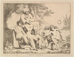 笛吹きに合わせて踊る 3 つのプッティ、1780 年 3 月 1 日。 作： Charles Reuben Ryley