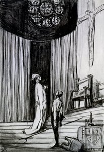 ワーウィックと死刑執行人、ジョージバーナードショー作「セントジョーン」のシーン、c.1924（木炭、紙） 作： Charles Ricketts