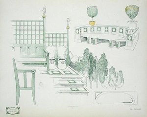 1900年代初頭の座席とテラスの詳細（「近代建築の資料」より）（カラーリトグラフ 作： Charles Robert Ashbee
