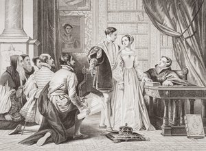 レディジェーングレイが1553年7月8日、シオンハウスの王冠を受け入れるのを嫌がる「英語とスコットランドの歴史の図解」第I巻 作： Charles Robert Leslie