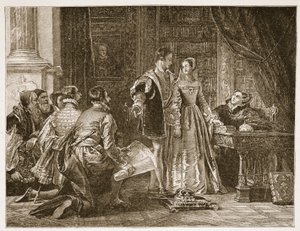 レディジェーングレイが1553年7月8日、シオンハウスの王冠を受け入れるのを嫌がるイラスト。 1910年頃（セピア写真） 作： Charles Robert Leslie