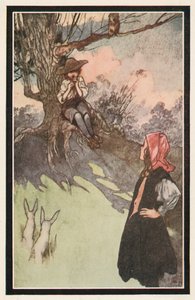 少年が木の下に座って、荒い木のパイプで遊んでいた 作： Charles Robinson